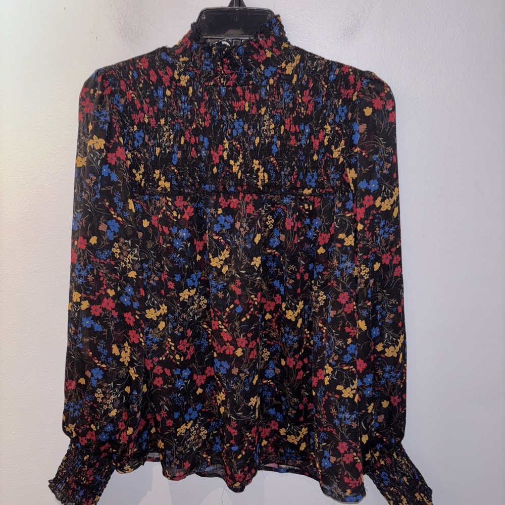 Laundry by Shelli Segal Womens Blouse Black Floral Smocked Fairy Whimsygoth SzM‎